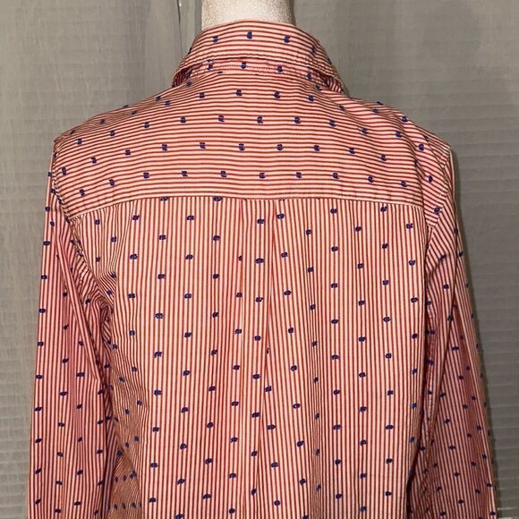 GAP M White Red Vertical Stripes Blue Swiss Dot Americana Fitted Boyfriend Shirt - Picture 5 of 14